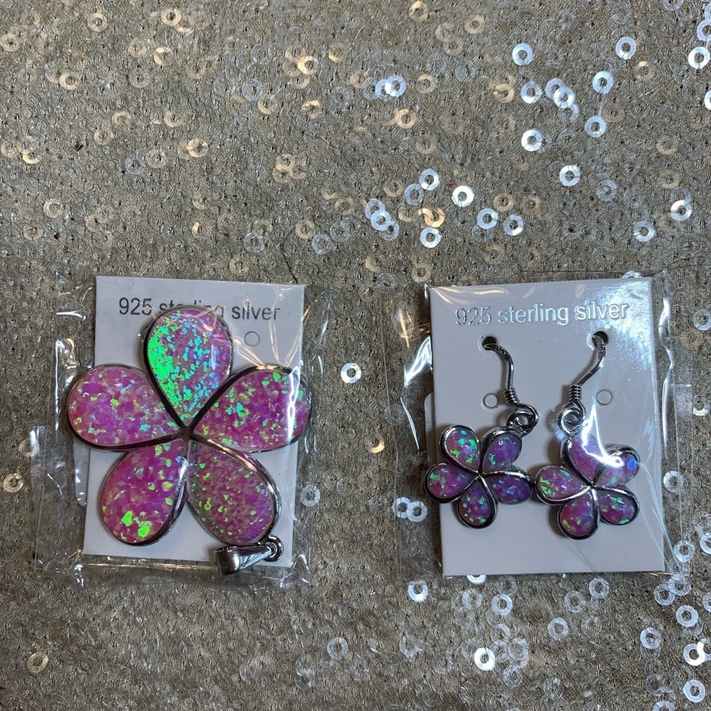 NWT Sterling Silver Plumeria pink opal pendant & earrings 💕💕 new line💕💕 - Picture 4 of 8